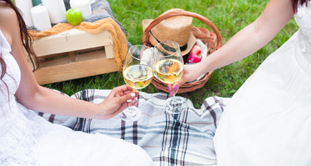 Happy girls with white wine on summer party in park on picnic - 210752785