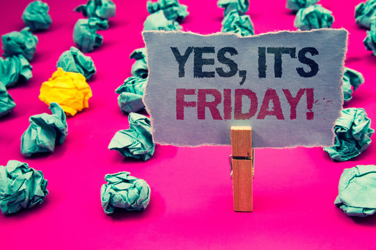 Writing note showing Yes, It'S Friday Motivational Call. Business photo showcasing having weekend Taking rest break Emerald paper balls yellow lump rosy floor paperclip retain grey page.