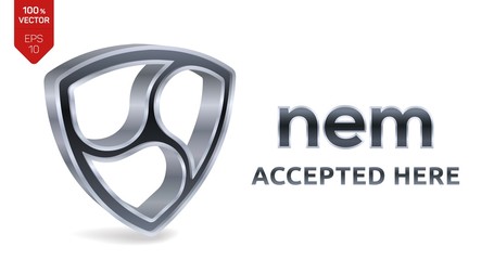 Nem accepted sign emblem. Crypto currency. 3D isometric silver Nem sign with text Accepted Here. Block chain. Stock vector illustration.