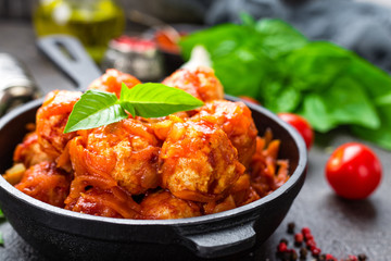 Meatballs. Meatballs in tomato sauce with carrot and onion
