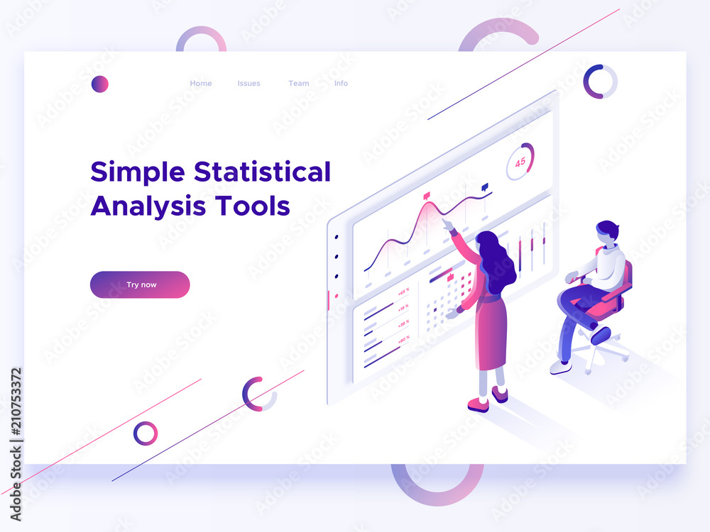 Poster people interacting with charts and analysing statistics. data visualisation concept. 3d isometric il