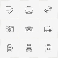 Phototechnique line icon set with photo camera, battery and loudspeaker