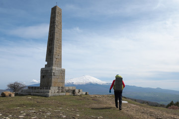 Man With Backpack And Nelson Obelisk In Nebrodi Park, Sicily