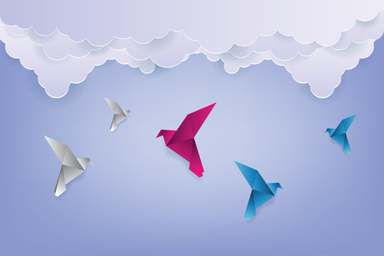 Origami made colorful bird with origami clouds. Paper art and craft style. Bird origami vector illustration.
