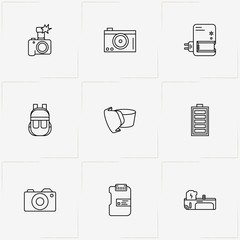 Phototechnique line icon set with photo camera, battery and battery grip