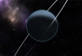 Unknown planet with rings in blue tones. Space exploration.