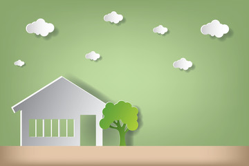 Fototapeta premium House vector illustration with earth day concept. Paper art and craft style.