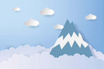 Illustration of nature landscape with cloud and mountain. Paper art style. Landscape vector illustration.