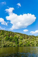 Vltava river in deciduous forest, aerial view, summer day.