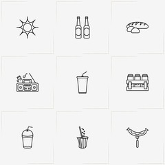 Picnic line icon set with juice cup, bread and beer bottles