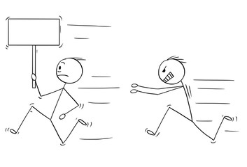Cartoon stick drawing conceptual illustration of angry violent man chasing another man holding empty sign .