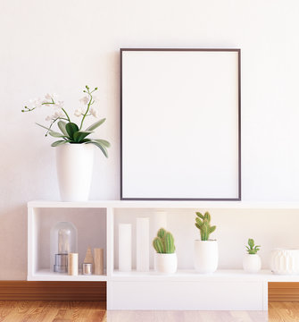 Mock up poster frame close-up on shelf with flowers,3d render 