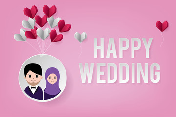 Wedding invitation, wedding card. Wedding invitation template with muslim avatar cartoon, cloud and heart shape origami. Paper art and craft style.