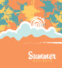 Naklejka premium Vector travel banner with color spots and splashes, with sun and clouds and inscription Summer holidays on orange background