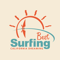 Vector icon or logo with words Best surfing, California dreaming, with sea, sun and surfer
