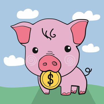 Piggy with coin in mouth cartoon doodle vector illustration