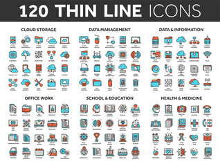 Cloud storage. Data management. Computing. Information. Internet connection. Office work. School and education. Medicine. Thin line blue and red icons set. Stroke.