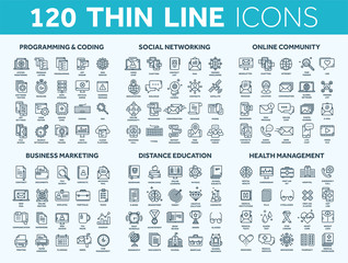 Programming,coding. Data management. Social network, computing. Information. Internet connection. Business marketing. School and education. Medicine. Thin line blue icons set. Stroke.