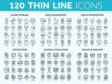 Cloud storage. Data management. Computing. Information. Internet connection. Office work. School and education. Medicine. Thin line blue icons set. Stroke.
