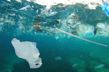 Plastic pollution in ocean. Plastic bags, straws and bottles pollute sea. Underwater trash photo   
