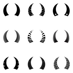 set of painted horns with different patterns. Vector graphics.