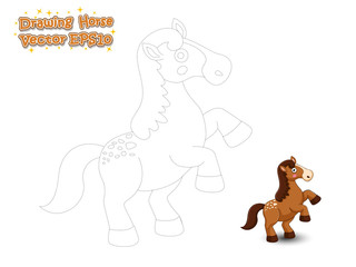 Drawing and Paint Cute Horse Cartoon . Educational Game for Kids. Vector Illustration
