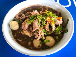 Noodles with beef and beef balls with soup Thai style.