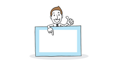Businessman hold blank banner and thumps up. isolated vector illustration outline hand drawn doodle line art cartoon design character.