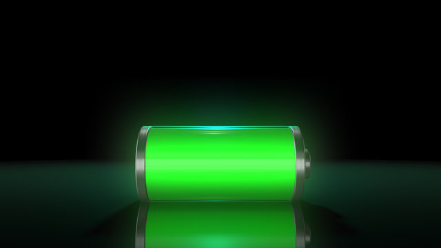 Green lithium battery recharge to power electric devices like cars and phones - 3D render graphic