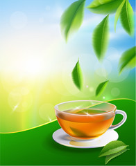 Black tea cup with tea leaves on background.