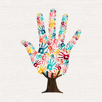 Human hand print tree concept for social help