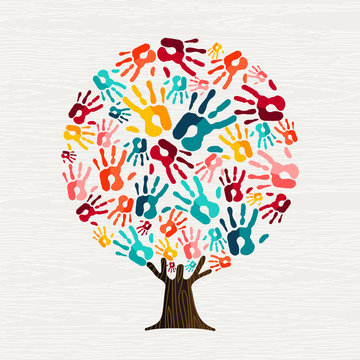 Human hand print tree concept for social help