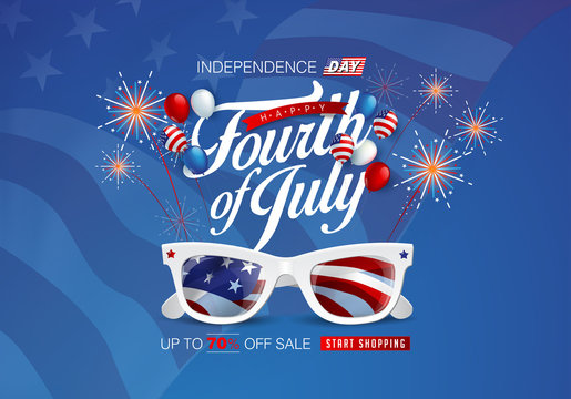 Independence day USA banner template american balloons flag and Colorful Fireworks decor.4th of July celebration poster template.fourth of july voucher discount.Vector illustration .