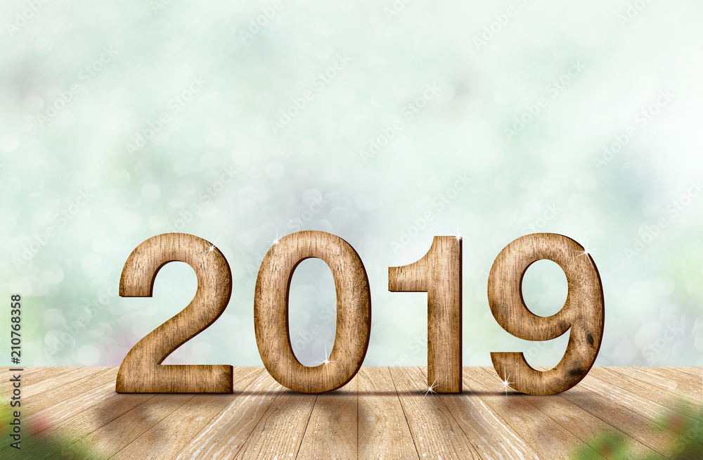 Poster new year 2019 wood number (3d rendering) on wooden plank table at blur abstract green bokeh backgrou