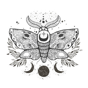 Sketch graphic illustration Beautiful Moth with mystic and occult hand drawn symbols. Vector illustration. Halloween and esoteric concept. Vintage Hands with Old Fashion Tattoos.