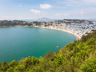 Stunning aerial view of the beach and the town in Cheung Chau island in Hong Kong, China