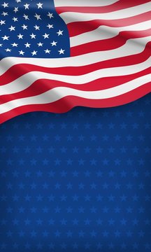 Closeup american flag on starry blue background. USA country day celebration flyer with space for text. Independence, freedom and patriotism vector concept. Patriotic card with waving american flag