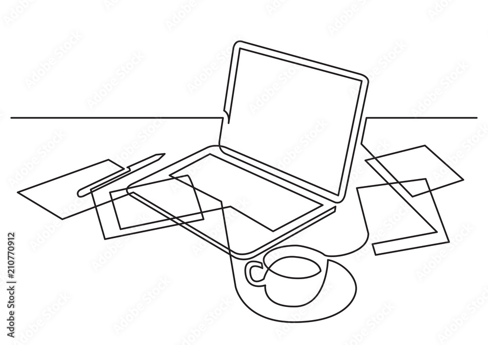 Wall mural continuous line drawing of laptop computer papers and cup of tea