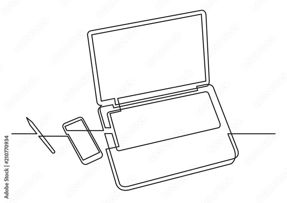 Canvas Prints continuous line drawing of laptop computer phone and pencil