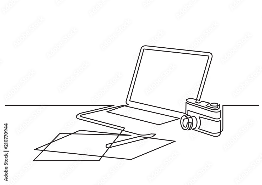 Poster continuous line drawing of laptop computer notepad and photo camera