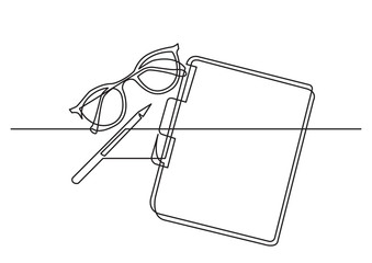 continuous line drawing of glasses notepad and pencil