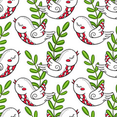 Birds and flowers. Seamless pattern on white background. Prints for wallpaper, wrapper, fabric, paper.