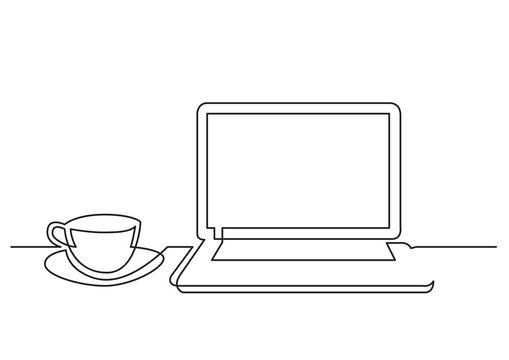 Continuous Line Drawing Of Laptop Computer Cup Of Tea