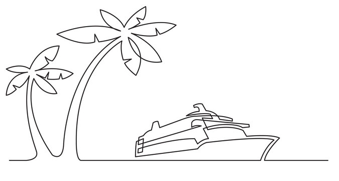continuous line drawing of palm trees and cruise ship