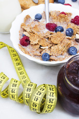 tape measure with healthy breakfast, diet concept