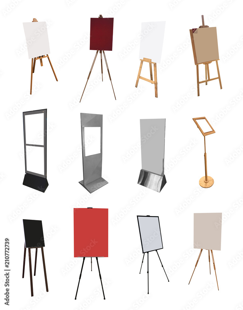 Poster set of blank signs advertising billboard stand isolated on white background, objects with clipping p