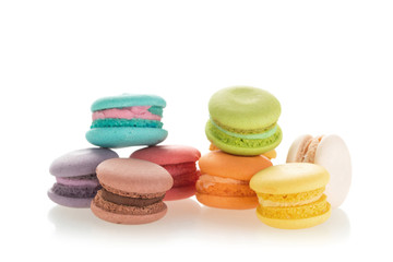 Fototapeta na wymiar Colorful french macarons on white background.
