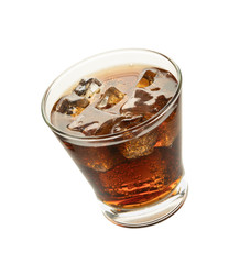 Cola in glass with ice on white background