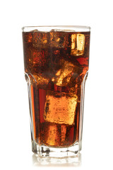 Cola in glass with ice on white background
