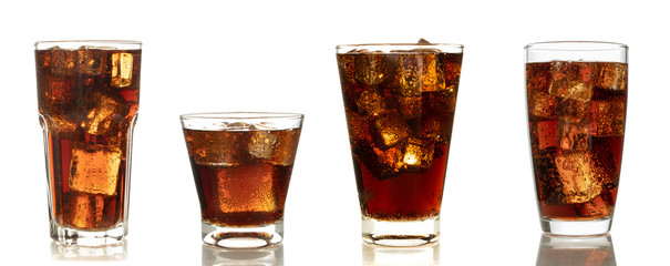Cola in glass with ice on white background